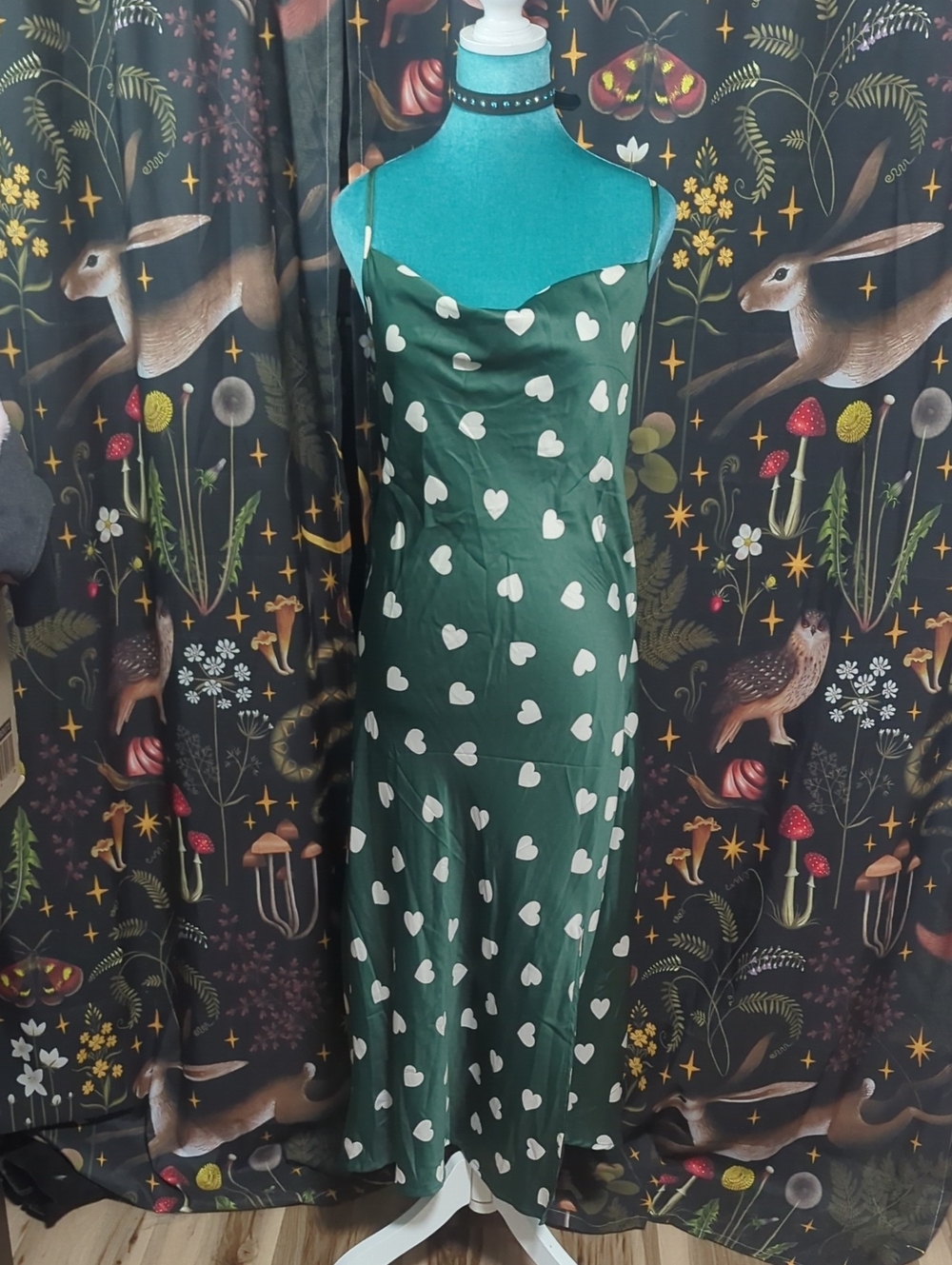 Green Heart Print Cowl Neck Slip Dress